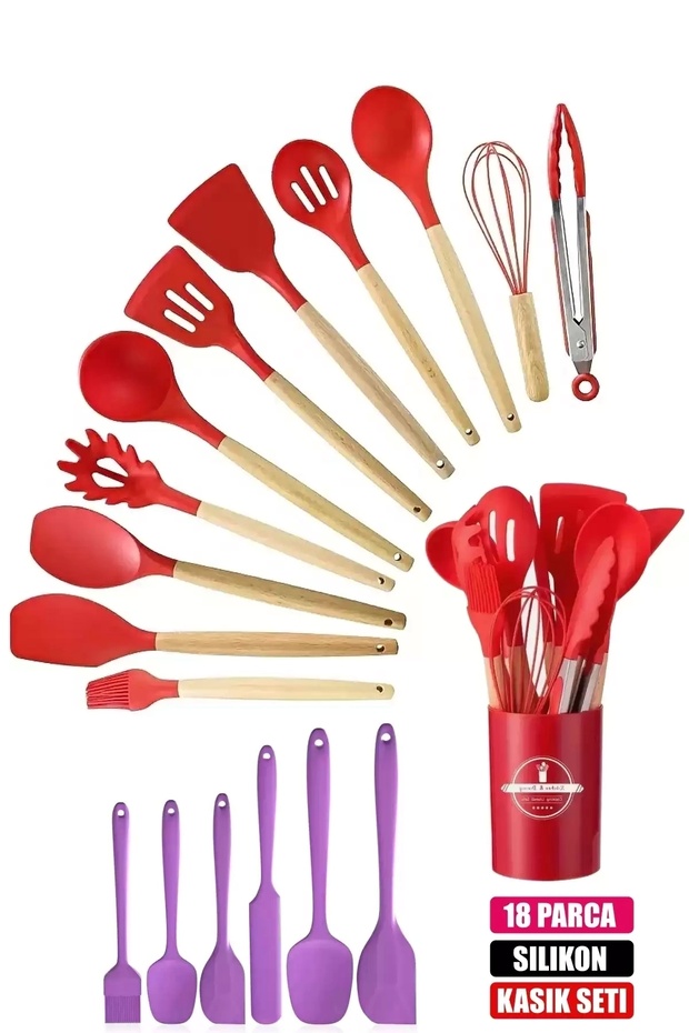 18Piece Silicone Ladle Colander Spoon Brush Beater Spatula Tongs Serving Set Kitchenware with Bamboo Handle
