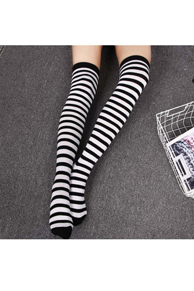 Special Series Women's Extra Long Black White Black White Striped Knee High Socks