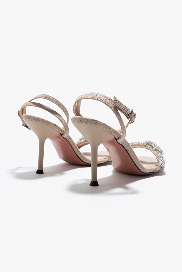 Nina bézs velúr kő részletes bokakötésű női sarkú szandál - 8