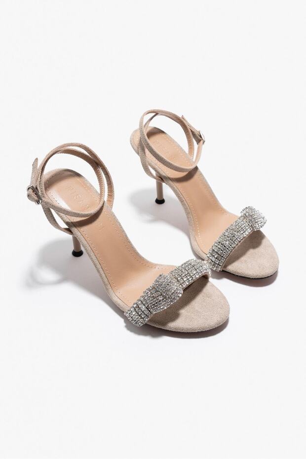 Nina bézs velúr kő részletes bokakötésű női sarkú szandál - 7