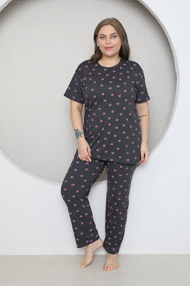 Plus Size Pink Small Heart Patterned Pajama Set