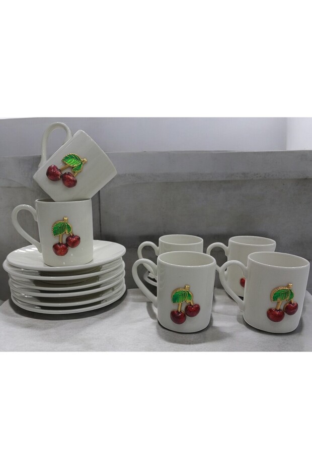 6 kişilik Kiraz Model 12 Parça Porselen Kahve Fincan Takımı - Şık Kahve Fincan Seti 120 ml - 3