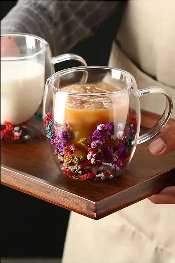 Kurutulmuş Çiçekli Bardak Camlı Çift Cidarlı Borosilikat Cam Bardak Kupa Fincan 250ml. - 3