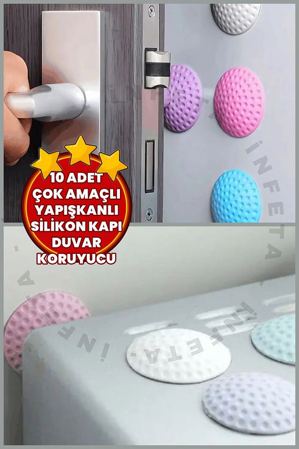 10 Adet Yapışkanlı Kapı Kolu Stoperi - Tamponu Duvar Koruyucu Silikon Tutucu Tampon - 1