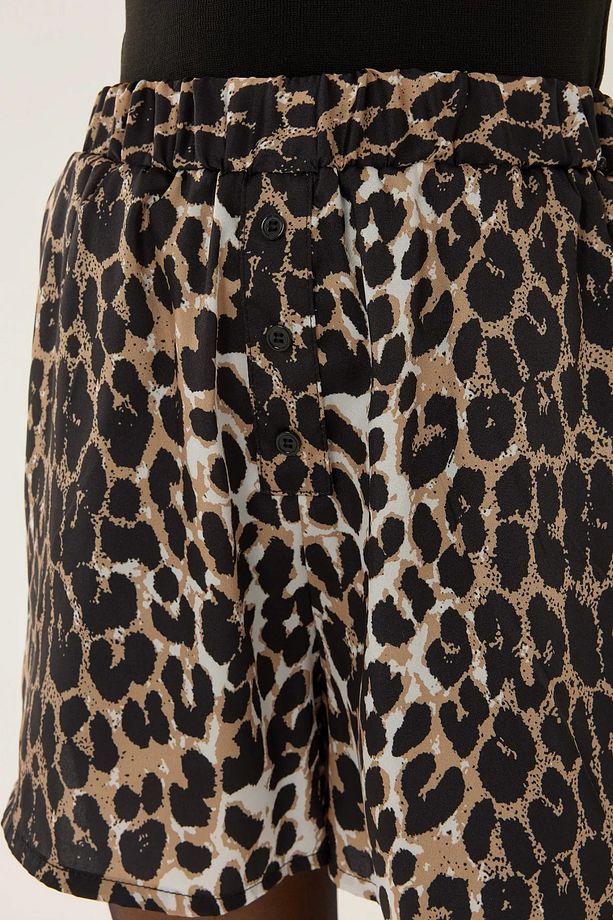 Yüksek Bel Leopar Desenli Mini Şort - 5
