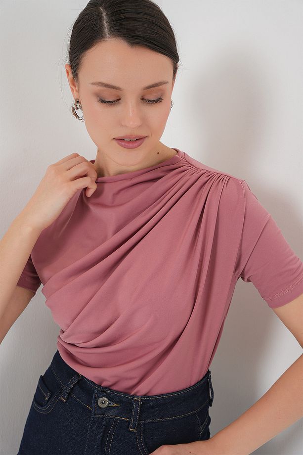 Büzgü Detaylı Kısa Kol Sandy Bluz 945 - Gül Kurusu - 3