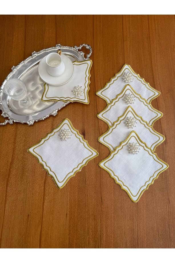 6 Adet Keten Gold Renk Çift Sıra Nakışlı Zikzak Kare Incili Kokteyl Sunum Peçetesi - 3