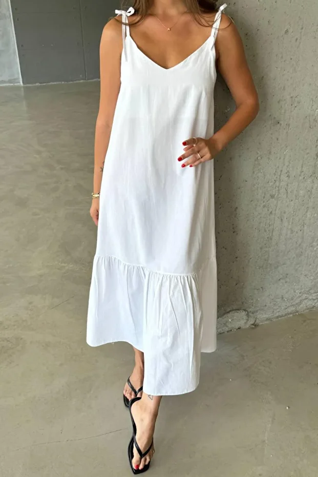 Askılı Poplin Kumaş Plaj Elbisesi Midi Boy - 787 - 2