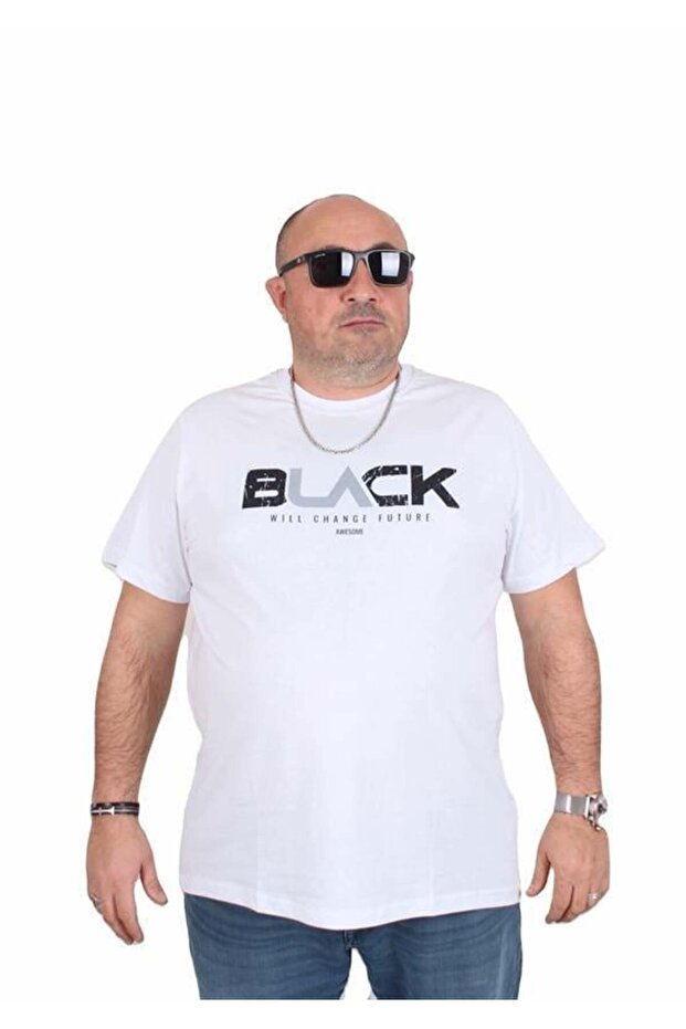 Men's Big Size Crew Neck T-Shirt Black 25176 White