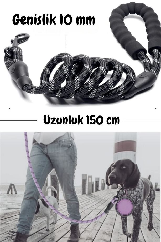 Köpek Gezdirme Tasma Kayışı Siyah 40 Kg'a Kadar Köpekler Için Tasma Halatı Gezdirme Ipi 150 Cm - 3