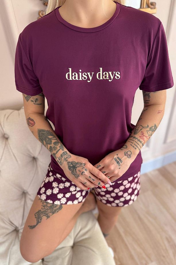 Mor Daisy Days Desenli Kısa Kollu Şortlu Örme Kadın Pijama Takımı - 6