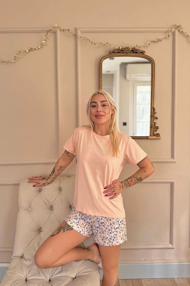 Şeftali Good Times Desenli Kısa Kollu Şortlu Örme Kadın Pijama Takımı - 4