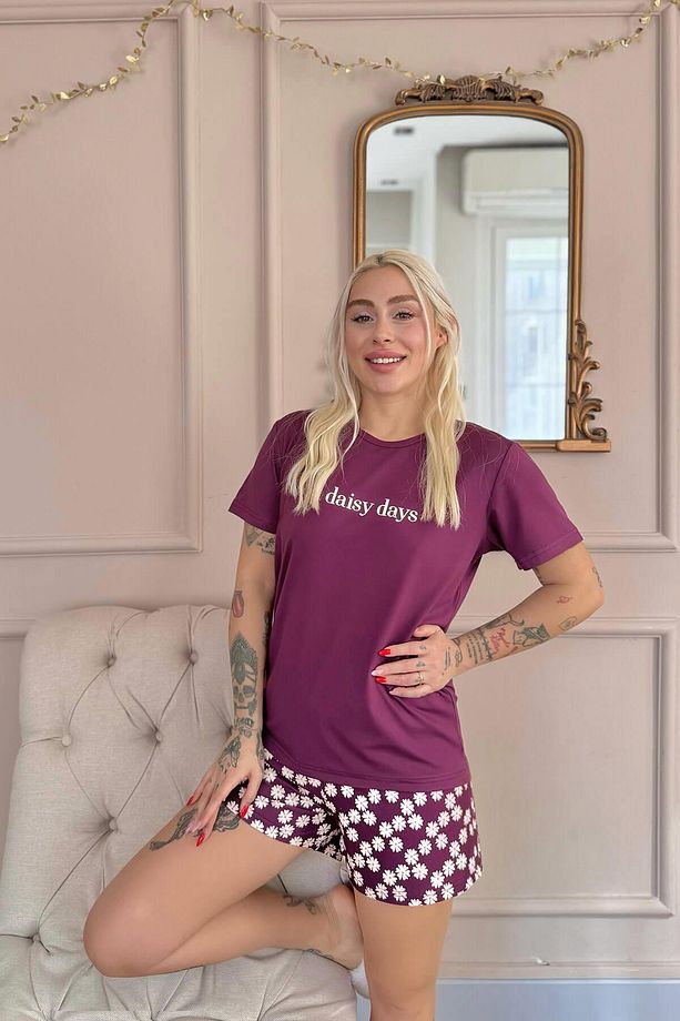 Mor Daisy Days Desenli Kısa Kollu Şortlu Örme Kadın Pijama Takımı - 3
