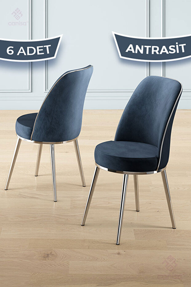 Pefa Serisi 6 Adet Antrasit Mutfak Sandalyesi Krom Kaplama Metal Ayak 1. Sınıf Babyface Kumaş - 1