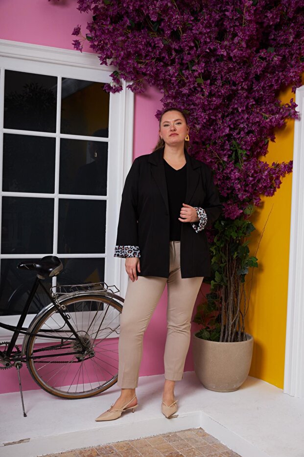 Sleeve Leopard Pattern Lined Large Size Jacket - Black - 4