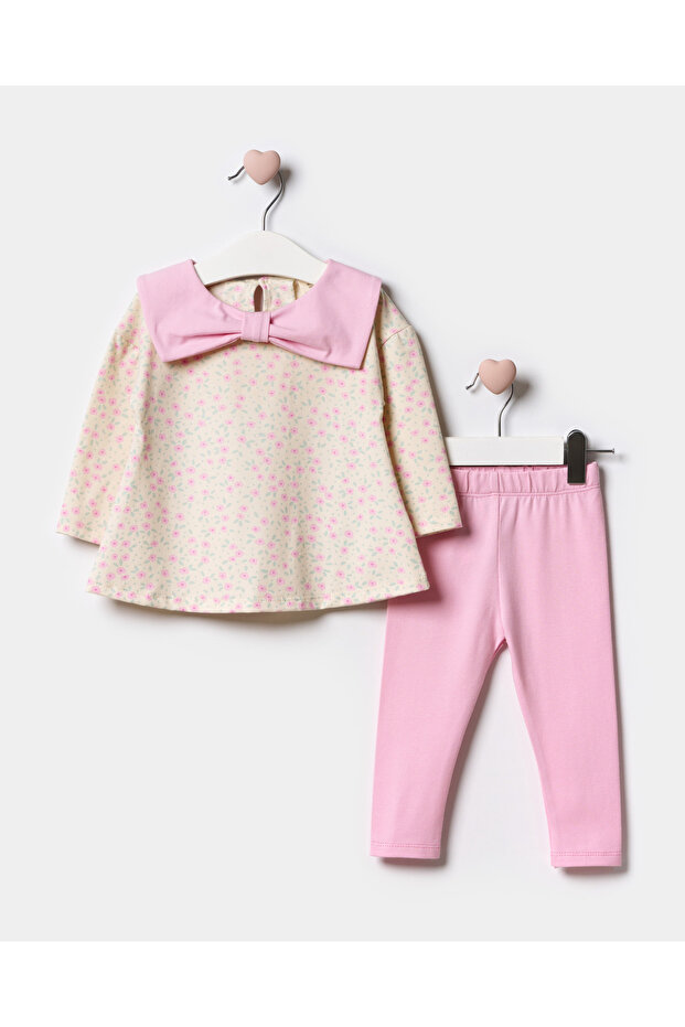 Baby Girl Bow Collar Floral Printed Tights Two-Piece Set Light Pink