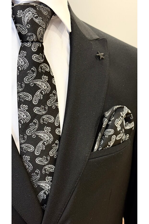 Black & White Paisley Patterned Premium Tie & Handkerchief with Gift Box