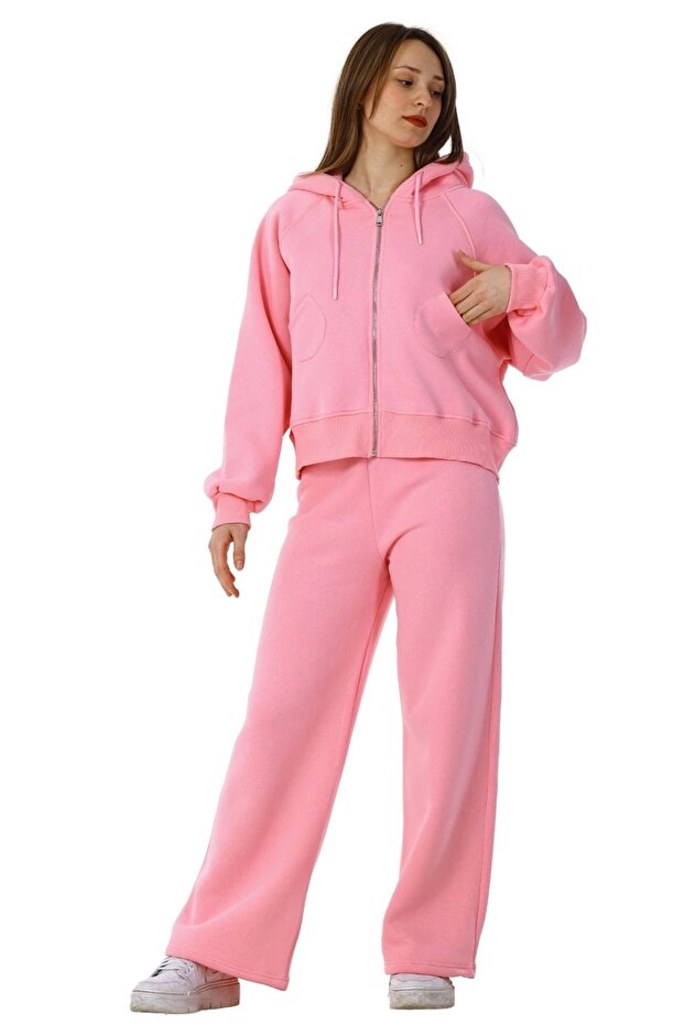 Cotton Palazzo Tracksuit Set - Zippered with Doors and Leg, Pink
