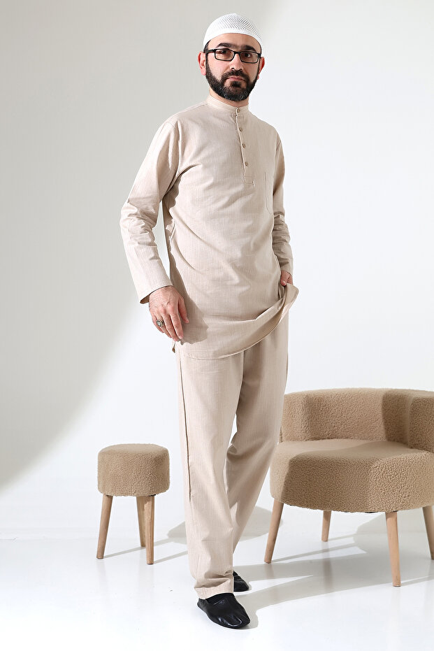 Men's Single Pocket Shirt and Pants Two-Piece Set Hajj and Umrah Outfit Beige (Vşn)