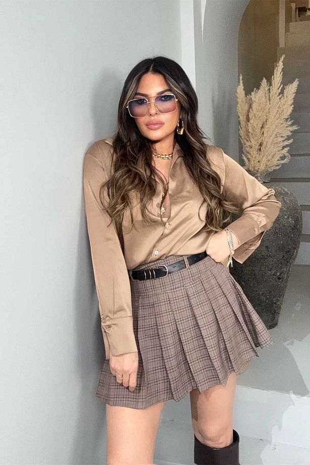 Pileli Kemer Detay Kareli Şort Etek Mocha Moısse - 1