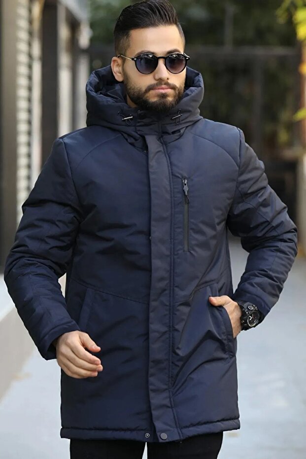 Men's Navy Blue Lined Windproof Hooded Winter Thick Coat & Coat & Parka