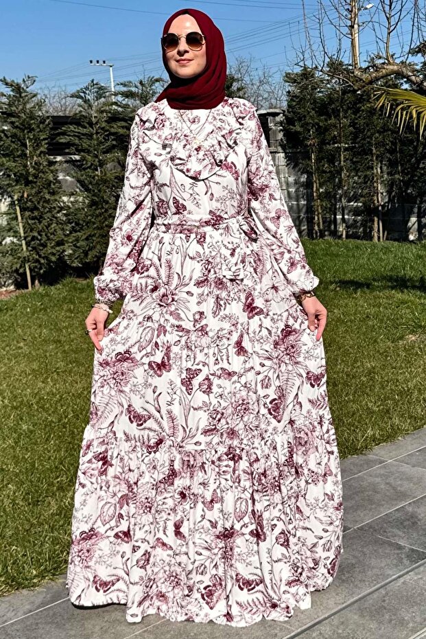 Botanik Elbise Bordo - 9