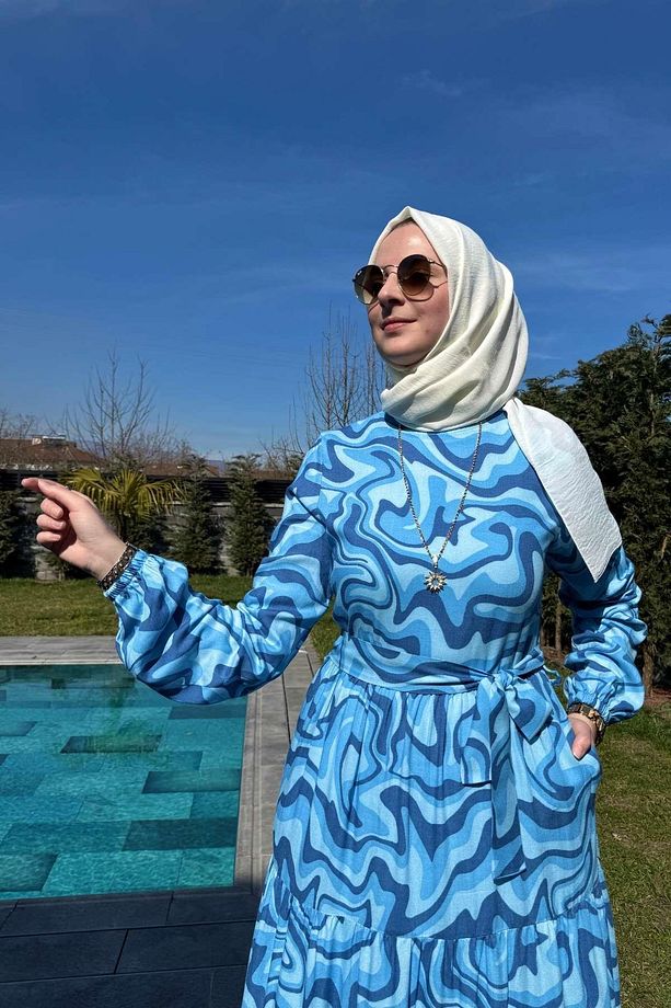 Su Desenli Elbise Mavi - 6