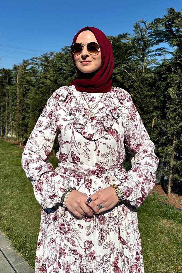 Botanik Elbise Bordo - 3