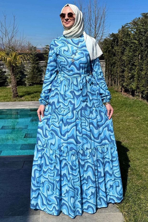 Su Desenli Elbise Mavi - 3