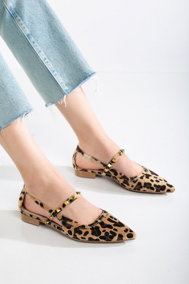 Leopar Sivri Burun Düz Zımbalı Bantlı Babet Ayakkabı - 6
