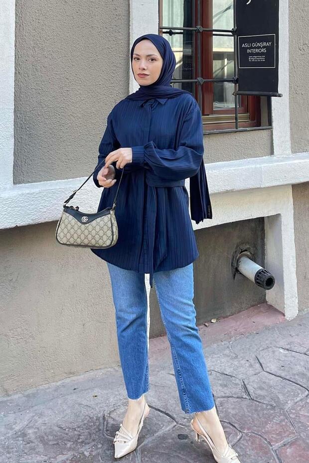 Navy Blue Waist-Tied Tunic Shirt