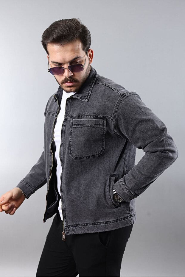 LTC Jeans Erkek Regular Fit Siyah Kar Yıkama Spor Model Fermuarlı Kot Ceket