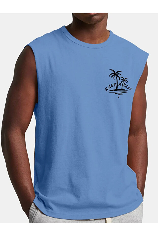 Sleeveless round neck t-shirt, light and flexible, palm tree printing, summer heat transfer printing