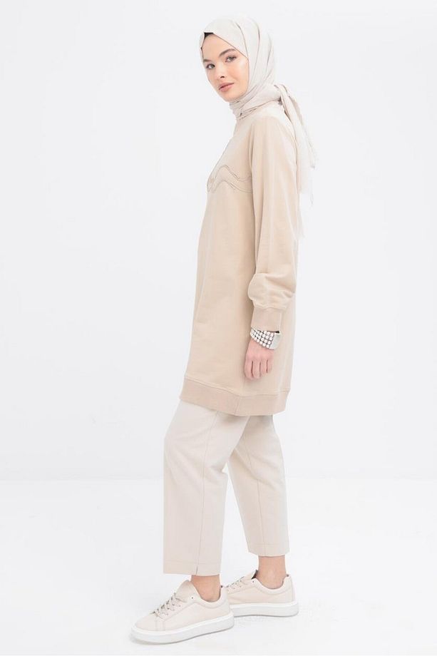 Bej-önü Nakış Detaylı Likralı Sweat - 3