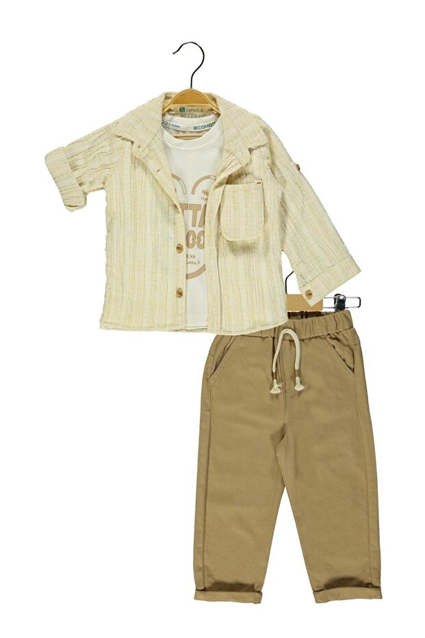 3-Piece Boy's Light Brown Linen Shirt Suit