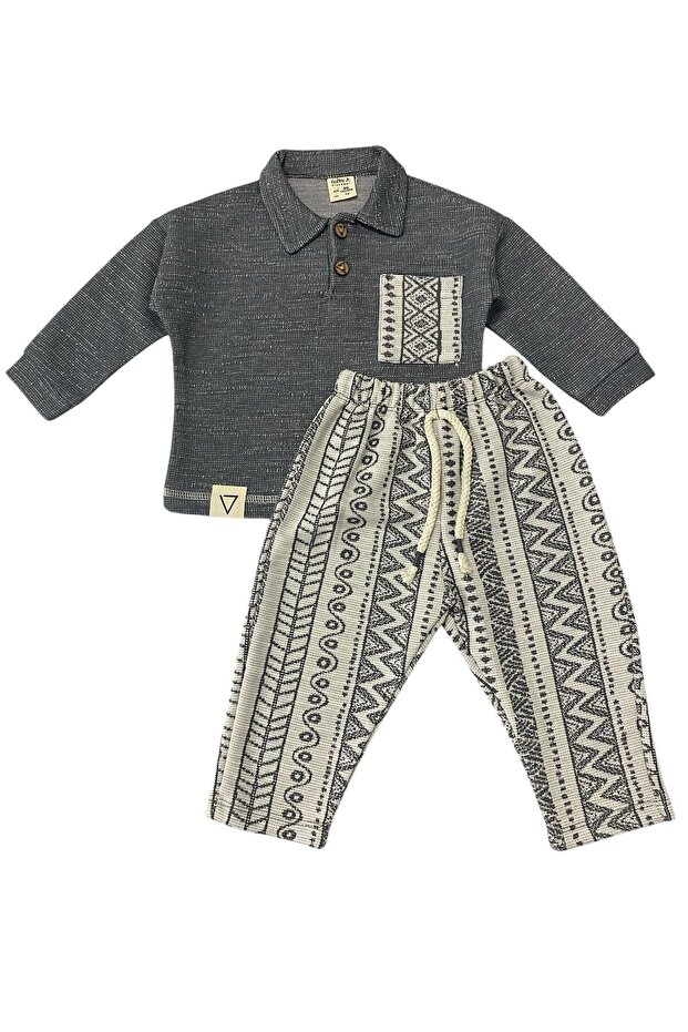 Baby Boy Suit with Ethnic Pattern, Buttoned Pockets, Navy Blue