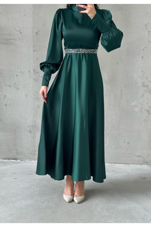 Basic Satin Hijab Evening Dress with Sparkling Belt Detail
