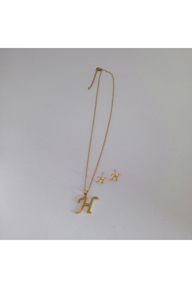 Çelik H Harfi Kolye Küpe Seti - 3