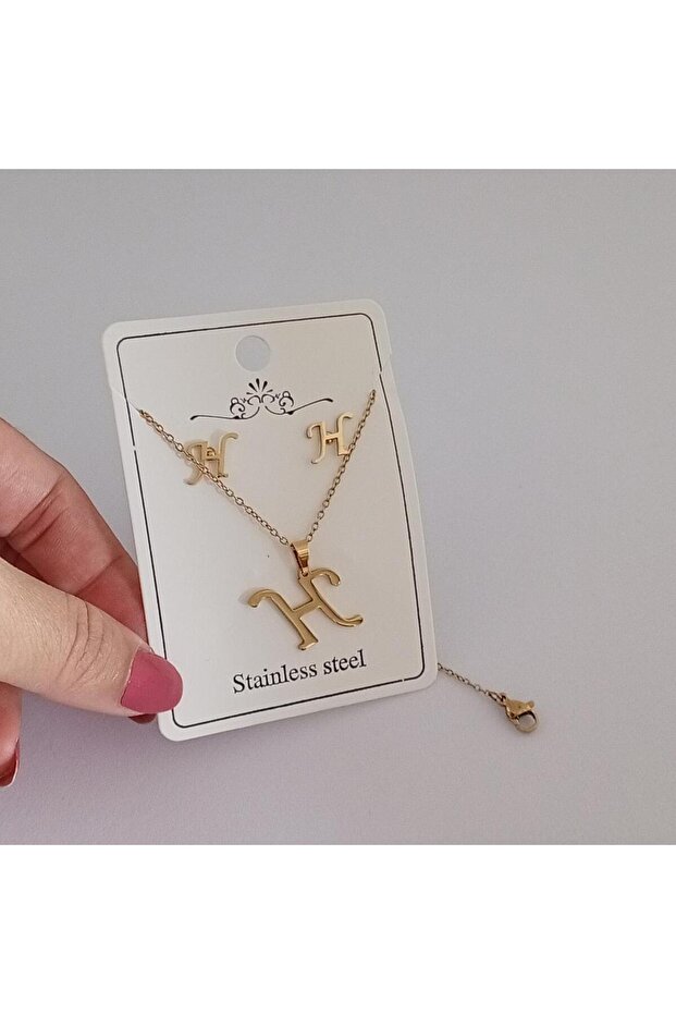 Çelik H Harfi Kolye Küpe Seti - 2