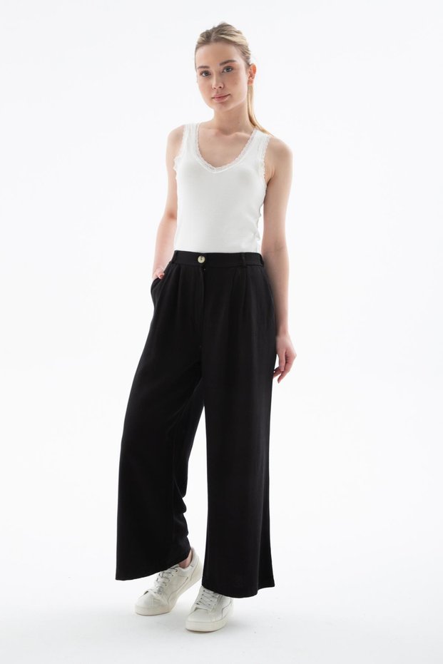 Elastic Wide Leg Linen Trousers Black