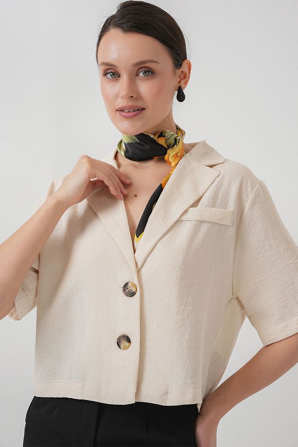 0706 Crop Keten Ceket - M. Krem - 4