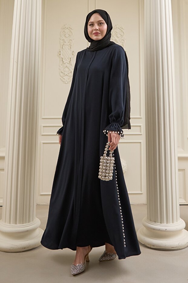 Dark Navy Blue Ferace with Gathered Beads on the Sleeve