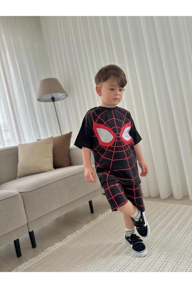 Erkek Çocuk Spiydy Örümce Adam Desenli Şortlu Alt-Üst Takım - 3
