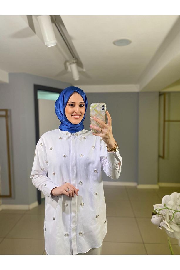 Marwa by moodbasic TAŞLI İNCİLİ PAMUK SATEN GÖMLEK - 4