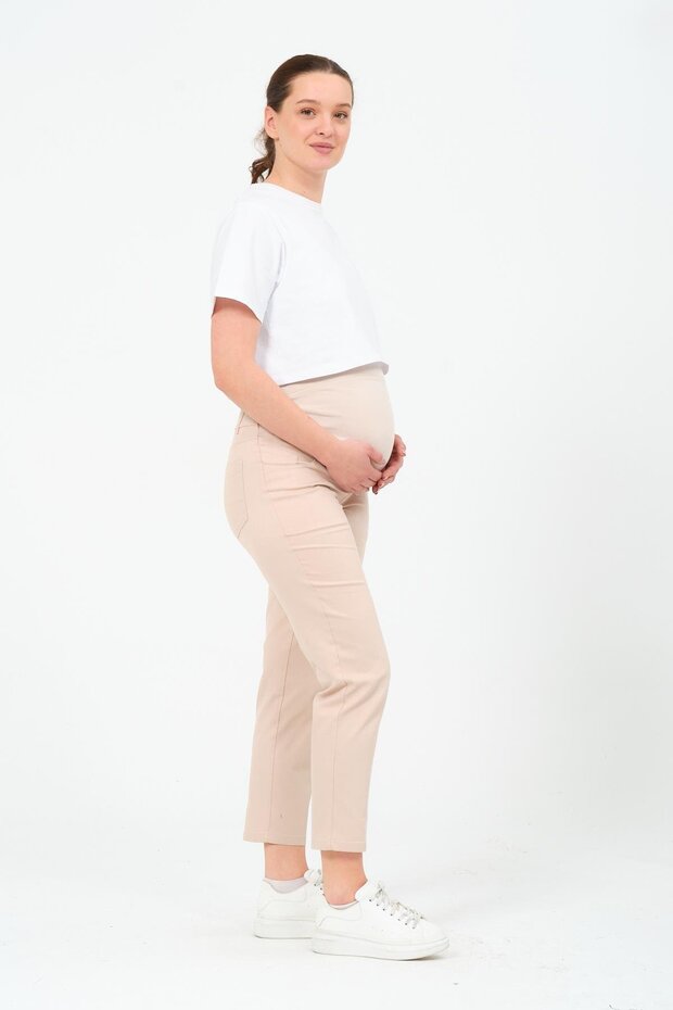 Maternity Stretchy Tummy Banded Waist Adjustable Mom Fit Canvas Pants Beige