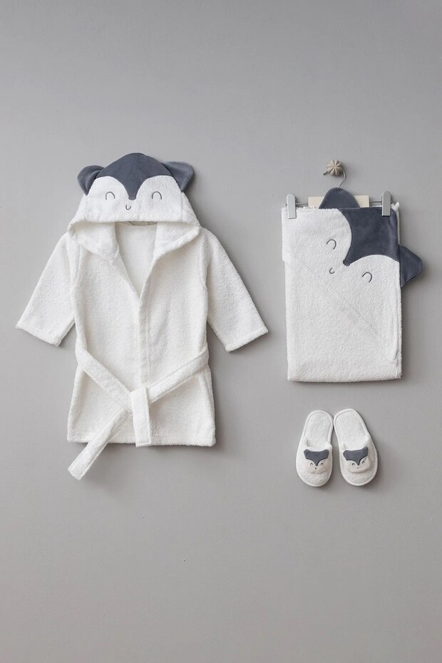 Unisex Fox Patterned 0-24 Month Bathrobe Set // 30045 Ecru Color - 2