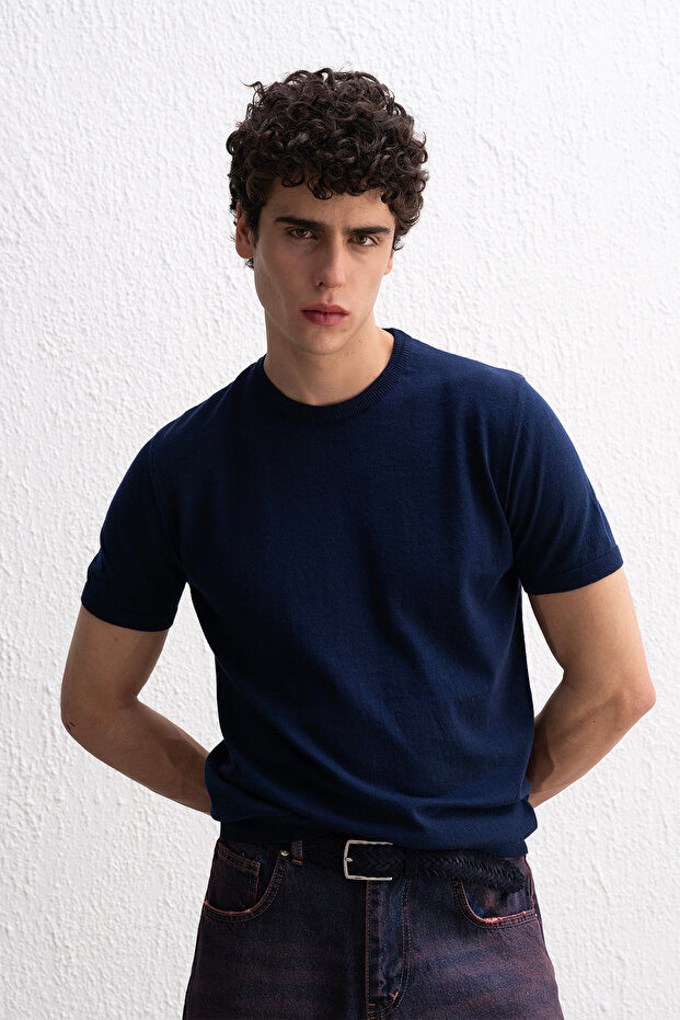 Crew Neck Knitwear Navy Blue T-Shirt