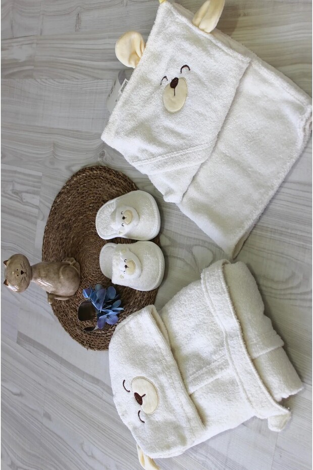 Unisex Fox Patterned 0-24 Month Bathrobe Set // 30045 Ecru Color - 4