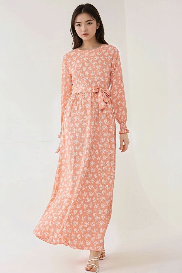 Çiçek Desenli Uzun Kol Örme Modest Elbise - 5