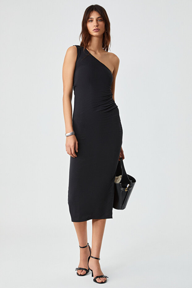 Berins Women Asymmetrical Neck Regular Sleeveless Black Dress